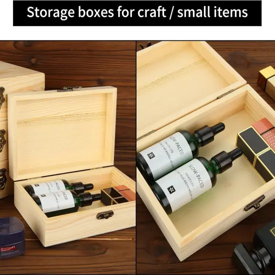 4 Pack Unfinished Wood Boxes, 7.2 Inch Unpainted Wooden Box with Hinged Lid, Small Plain Pine Wood Storage Boxes {3}
