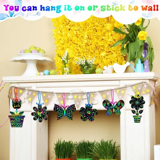 80 Pcs Spring Scratch Cards Rainbow Flower Butterfly Scratch Paper for Kids Rainbow Flower Crafts with Bamboo Stylus and Ribbon {4}