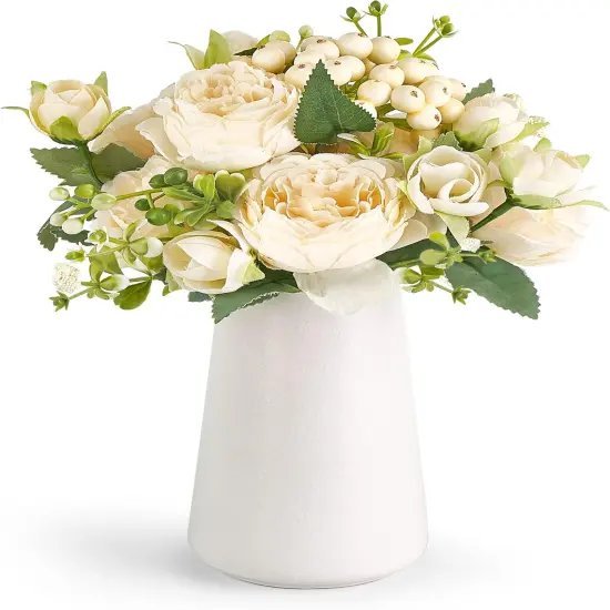 Small Artificial Flowers in Ceramic Vase Centerpieces Table Decor, Silk Flower Arrangements for Home Decor Indoor Fake Flower Bouquet {1}