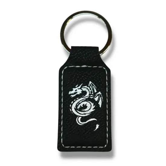 Keychain - Rectangle - Flying Dragon - Leather Black/Silver {1}