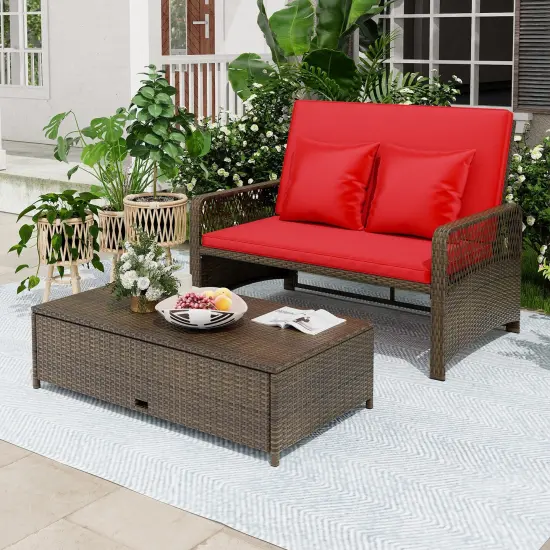 Patio Loveseat and Ottoman Set with 4-level Adjustable Backrest and Storage Area Red {1}