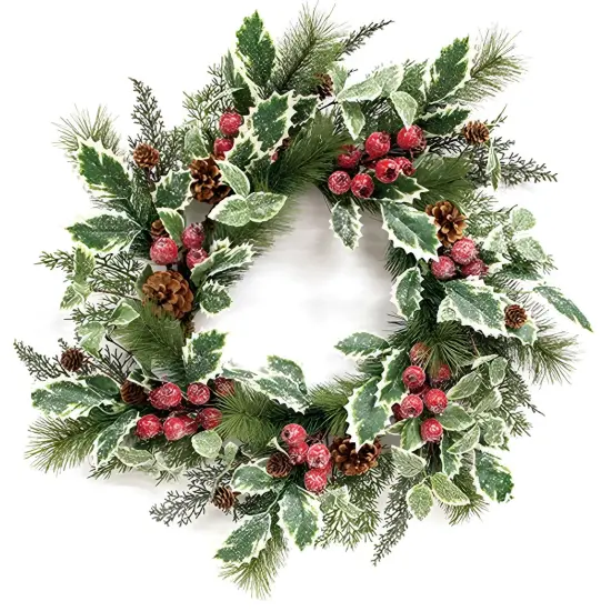 24 Inch Artificial Christmas Wreath with Pinecones Berries and Holly {1}