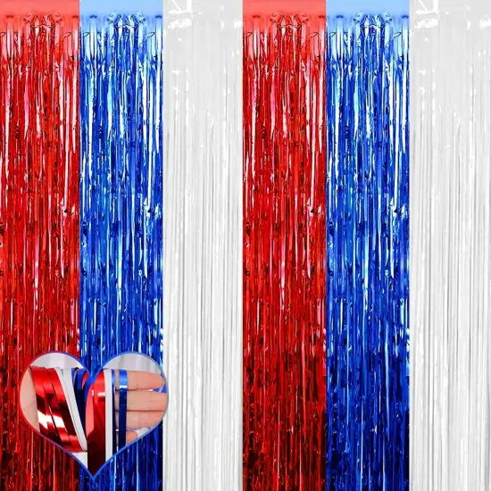 4 Pack 3.2Ft x 8.2Ft Independence Day Fringe Curtain Backdrop, Red Blue White Metallic Tinsel Foil Fringe Streamers Curtains Background for Photo Booth Birthday Wedding Carnival Party Decorations {1}