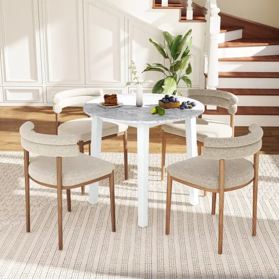 Rubber Wood Round Dining Table with Marble Top, Safe Corners and Easy Assembly White {2}