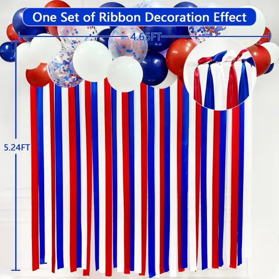 Red Blue White Party Decorations Ribbon Fabric Fringe Hanging Curtain Streamer Backdrop Balloon Garland for 4th of July American Independence Day USA National Day Patriotic Birthday Graduation Wedding {3}