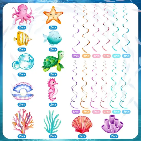 54 Pcs Under the Sea Swirls Decorations Tropical Fish Animals Hanging Banner Ocean Garlands Turtle Ceiling Streamers for Summer Birthday Wedding Baby Shower Supplies Party Decor {2}