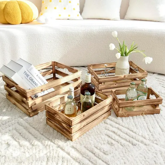 Large Wooden Crates Set of 4 Decorative Storage Box with Handles, Rustic Torched Brown Farmhouse Wooden Crates for Display, Organizer Container Baskets Box for Kitchen, Pantry, Bedroom {2}