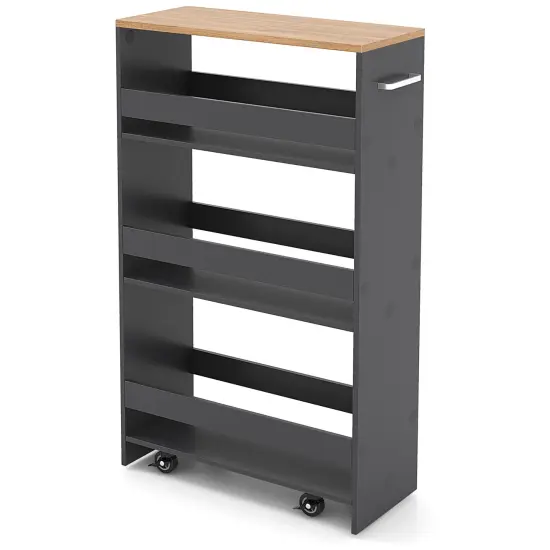 4-Tier Rolling Storage Cart Slim Kitchen Cart on Wheels with Open Shelves and Handle Grey {9}
