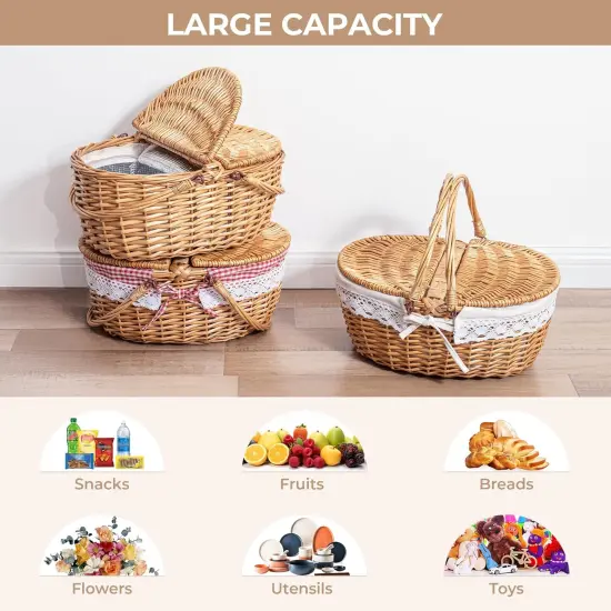 Picnic Basket, Wicker Basket with Lid, Woven Cute Basket with Handle, Storage Basket with Washable Lining & Dual-Flid Lid, Natural Willow Picnic Hamper, White Lining {5}