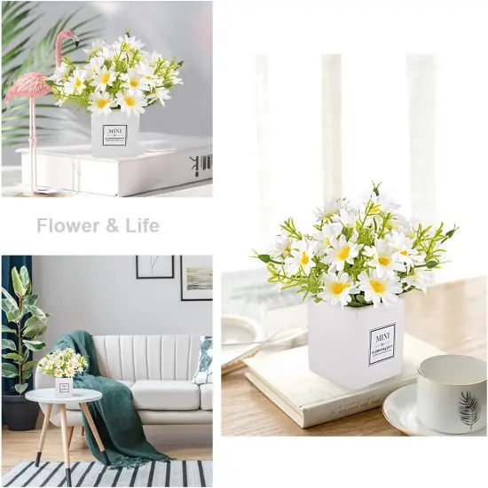 Artificial Flowers, Faux Flowers in Vase Small White Daisy Decor Mini Silky Artificial Daisies Fake Plant Flower Decor for Home Decor Indoor Centerpiece Table Decorations {2}