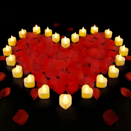 2000 Pcs Red Artificial Rose Petals with 24 Pcs Heart Shape Flameless Led Candles,Rose Petals and Candles Set,Romantic Decorations {1}