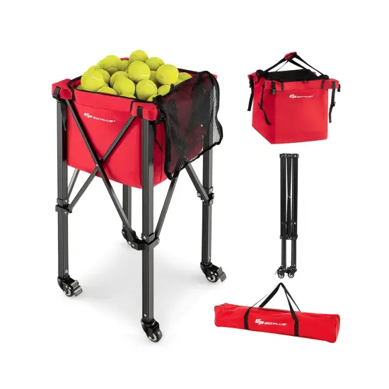 Foldable Lightweight Tennis Ball Teaching Cart with Removable Bag and Lockable Wheels Red {4}