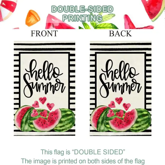 Hello Summer Watermelon Garden Flag Double Sided Black Stripes Watermelon Fruit Cool Summer Yard Flag Seasonal Holiday Outdoor Outside Decoration 12.5x18 Inch {5}