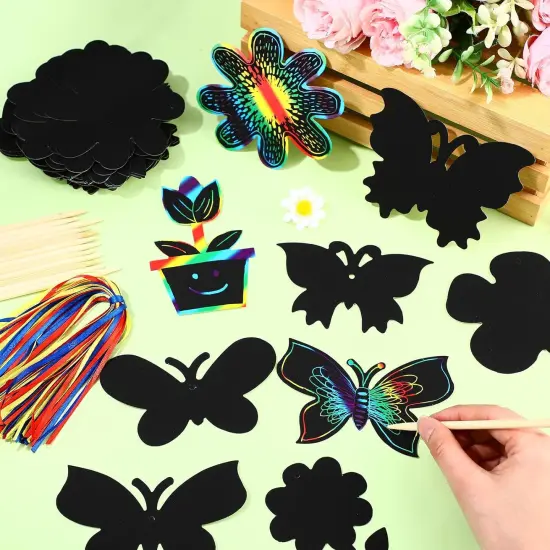 80 Pcs Spring Scratch Cards Rainbow Flower Butterfly Scratch Paper for Kids Rainbow Flower Crafts with Bamboo Stylus and Ribbon {2}