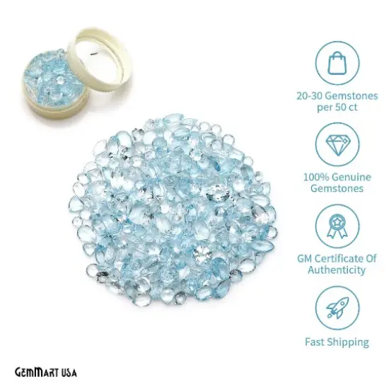 50 Carats Mixed Gems Natural Loose Gemstones | 100% Natural Loose Gemstones bulk| Grade A+ (natural inclusions) |Hand Cut and Polished | 20-30 pieces Gemstone Wholesale Lot by GM GemMartUSA Blue Topaz {1}