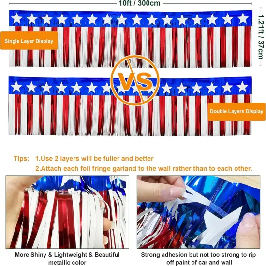 4 Pack Parade Floats Foil Fringe, Each 10 ft x 15'' American Flag Stripes and Stars Tinsel Patriotic foil Fringe Garland for 4th of July Trailer Car Graduation Homecoming Party (4 Pack)&hellip; {3}