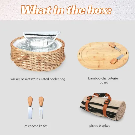 Dual Wicker Picnic Basket Set with Blanket for 2 - Unique Gifts Ideas for Couple, Engagement, Wedding, Bridal Shower, Family {3}