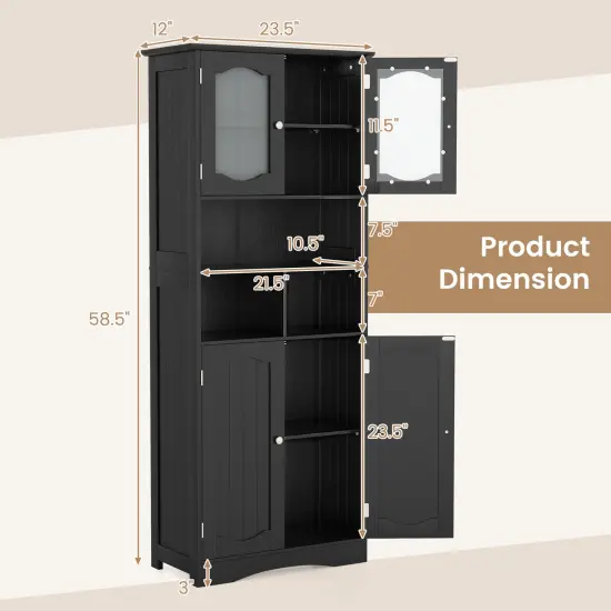 58.5 Inch Freestanding Linen Bathroom Storage Cabinet with Frost Glass Doors Black {5}