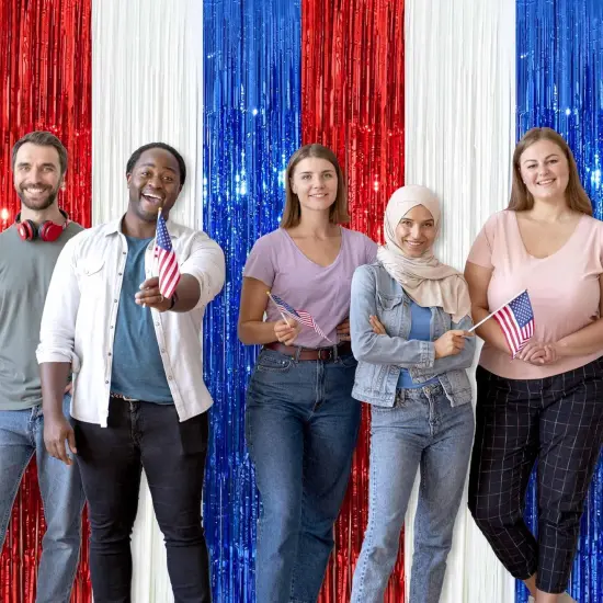 6 Pack White Blue Red Foil Fringe Curtains Backdrop, 3.28 x 8.2 Ft Metallic Streamers Tinsel Curtains Background for Photo Booth, Birthday, Weddings, Carnivals, Graduation, Themed Party Decorations {4}