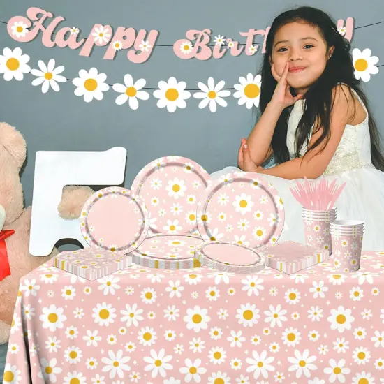 142PCS Daisy Birthday Party Tableware Set,Pink Groovy Daisy Flower Supplies Include Daisy Plates and Napkins Cup Tablecloth Banner for Retro Theme Hippie Girl Birthday Baby Shower Wedding Supplies {4}