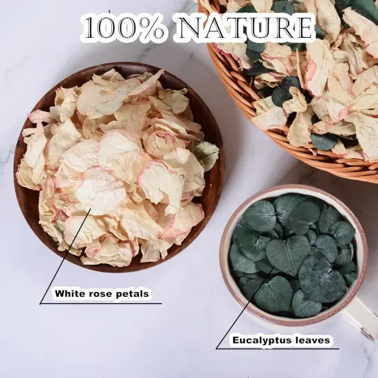Mix Dried Bio Flower Rose Petals Confetti, 20+ Cups of Ivory White Roses & Eucalyptus Leaves, Real Petals for Wedding Parties {3}