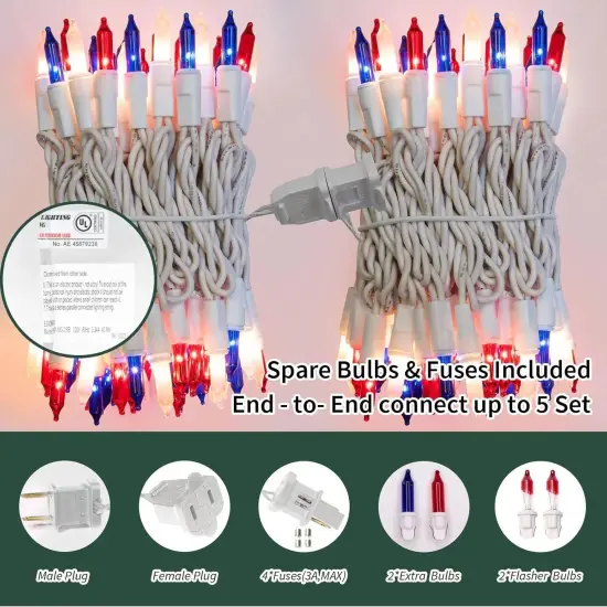 Patriotic String Lights - Red White Blue Mini Lights with White Wire - 19.6Ft 100 Count UL Certified String Lights for Independence Day Patriotic Holidays Decoration (Red, White & Blue) {2}
