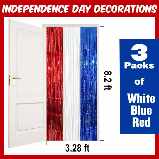 3 Pack White Blue Red Foil Fringe Curtains Backdrop, 3.28 x 8.2 Ft Metallic Streamers Tinsel Curtains Background for Photo Booth, Birthday, Halloween, Christmas, New Year Party Decorations {2}