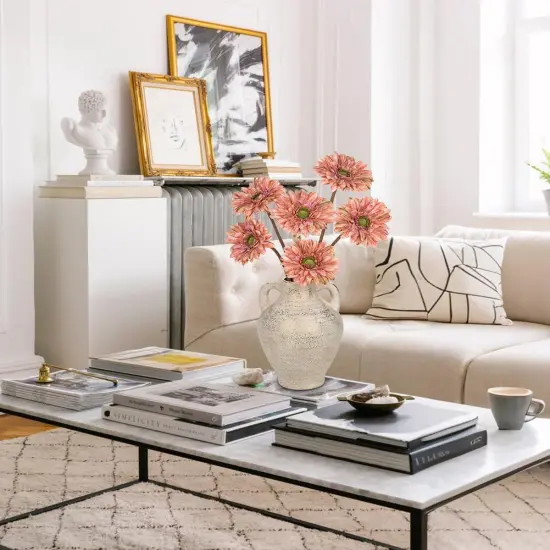 Summer Gerbera Daisy Flowers Artificial Stems 6PCS Realistic Faux Daisy Flower for Tabletop Decor ,Home Decor Indoor Tables Bathroom Vase, DarkSalmon {5}