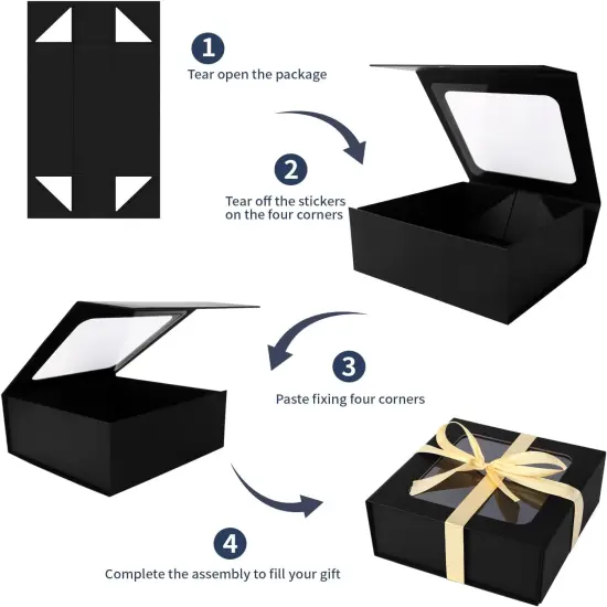 Black Gift Box with Window, 7.5"x7.5"x3.1" - Luxury Magnetic Lid Gift Box for Presents {4}