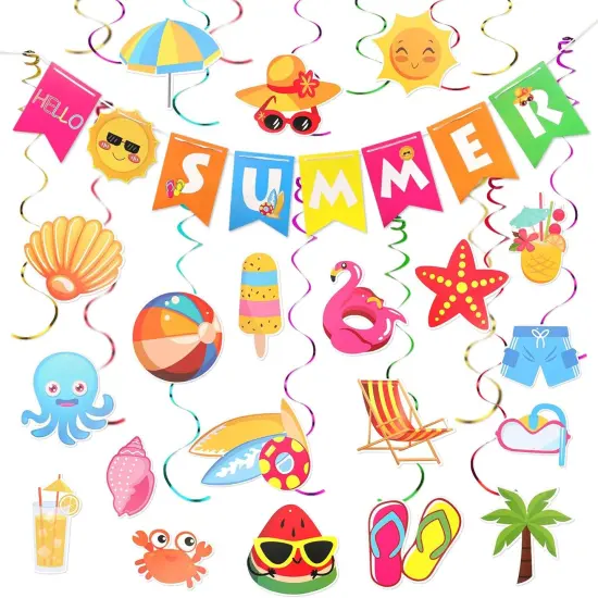 41pcs Summer Party Decorations, Colorful Hello Summer Welcome Banner Summer Beach Pool Party Hanging Swirl Decorations {1}