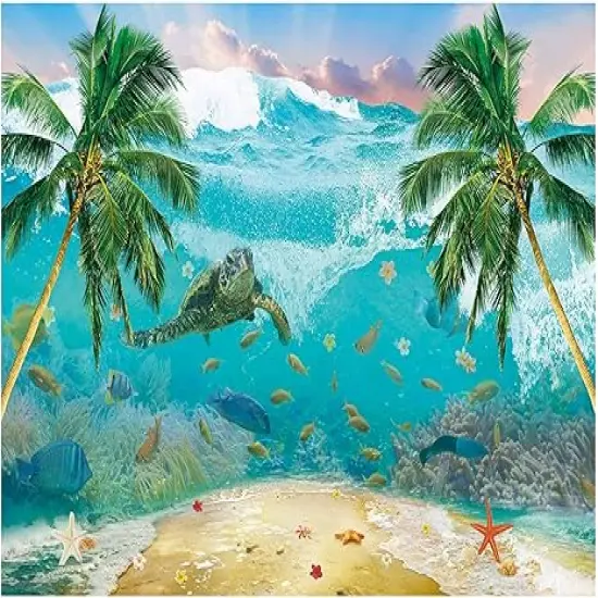 8 x 6 FT Underwater Wave Backdrop Ocean Beach Fantasy Undersea Turtle Palm Tree Background Summer Tropical Kids Sea Birthday Party Supplies Banner Favors Banner Decoration Photo Booth Gift {1}