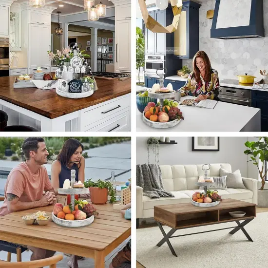 2 Tiered Tray Stand for Home Decor, Wooden Serving Tiered Tray for Coffee Bar Table Centerpiece, Decorative Trays Kit {4}