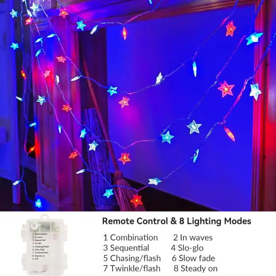 4th of July Decor Lights, Red White Blue Lights Battery Operated 100LED Patriotic Star String Lights 51FT 8Mode Waterproof for Indoor Outdoor 4th of July Independence Day Memorial Day Decor {4}