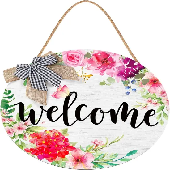 Welcome Signs for Front Door Decoration Farmhouse Wreaths Door Hanger Rustic Wooden Welcome Flower Hanging Door Wall Sign Decor for Seasons Holiday {1}