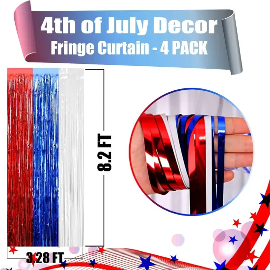4 Pack Red Blue White Foil Fringe Curtain Backdrop, 3.28Ft x 8.2Ft Metallic Tinsel Foil Fringe Streamers Curtains for Photo Booth, Wedding, Mardi Gras, Birthday, Independence Day Party Decoration {2}
