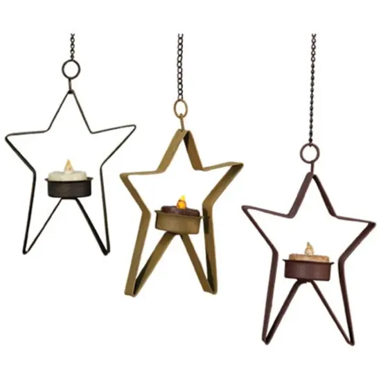 Multi-Color Metal Hanging Star Tealight Holder Set and Rustic Decor, 3 Asst {1}