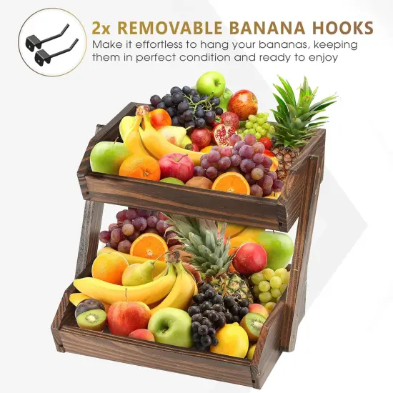 Large Capacity 2-Tier Wooden Fruit Basket, Durable Acacia Wood, 10.5" Tall, Spacious for Produce, Vegetables, Bread Storage and Home Kitchen Countertop {2}