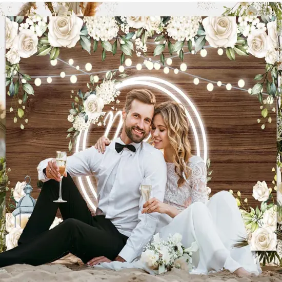 White Rose Wedding Backdrop for Reception Mr and Mrs Banner Bridal Shower Engaged Party Decorations Backdrop for Wedding Glitter Lights Floral Wooden Wedding Banner 7x5Ft {2}