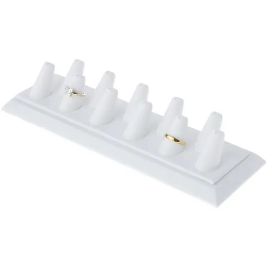 Plymor White Faux Leather Ring Finger Display, Eleven on Rectangular Base, 11.125" W x 3.375" D x 2.125" H {3}