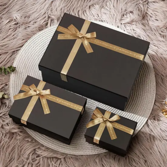 Black Gift Boxes with Gold Ribbons & Bows - (3 Sizes) Sturdy Gift Boxes with Lids for Presents - Elegant Gift Wrapping Boxes for Birthdays, Holidays, Anniversaries, and More {3}