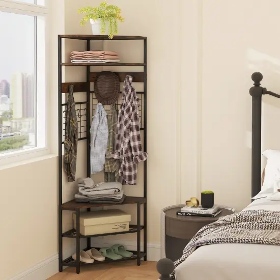 5-Tier Corner Hall Tree with Shoe Storage Bench Rustic Brown {3}