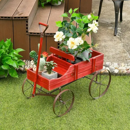 Wooden Garden Wagon Planter with Handle & Wheels Red {6}