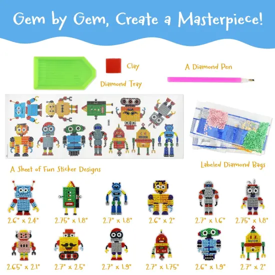 Wrapables Diamond Art Kits, 5D Gem Painting DIY Arts & Crafts Stickers, 12pcs Robots {2}