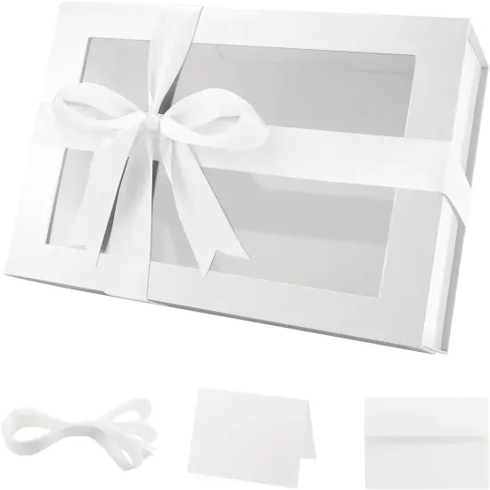Large White Gift Box with Window, Clear Gift Box for Present Contains Ribbon, Card, Bridesmaid Proposal Box with Magnetic Lid (Glossy White) {1}