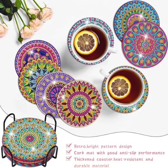 Diamond Art Painting Coasters Kit, 8 Pieces Mandala Diamond Art Coasters with Holder, DIY Diamond Mandala Coasters for Beginners, Kids {3}