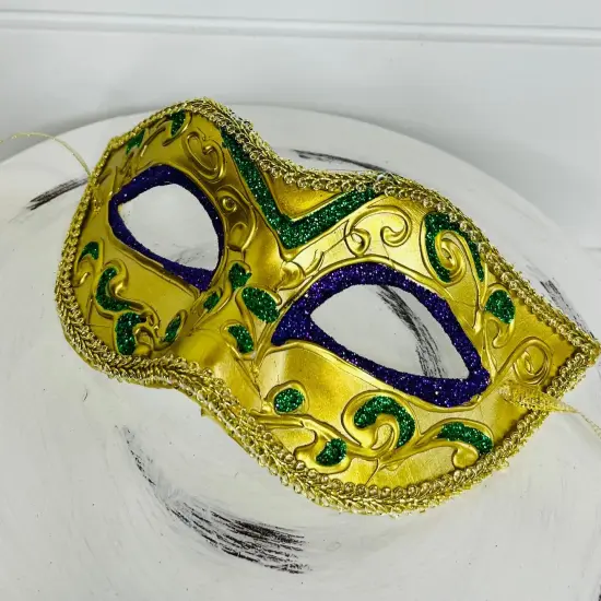 Masquerade Mardi Gras Mask - Gold/Purple/Green, 6.5"Lx3.75"H-HG1041 {3}