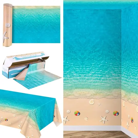 Summer Beach Tablecloth Roll with Cutter Box 100 Ft X 54 Inch Beach Themed Party Tablecover Disposable Beach Ball Plastic Tablecloth Ocean Backdrop for Summer Beach Pool Birthday Party Supply {1}