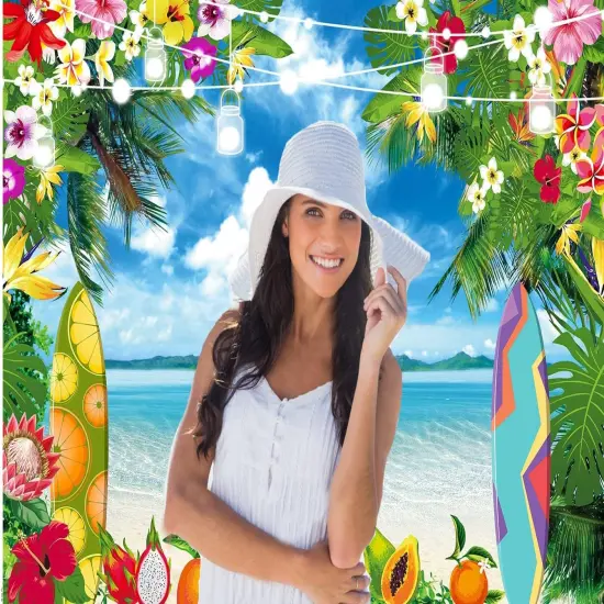 Summer Hawaiian Beach Photography Backdrop Tropical Flower Palm Leaves Surfboard Background Aloha Luau Decorations Photo Banner {3}