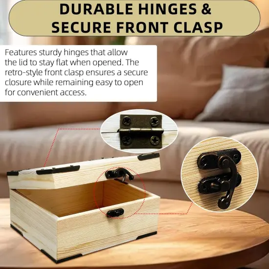 Unfinished Unpainted Wooden Box with Hinged Lid for Crafts DIY, Storage Jewelry Plain Pine Box with 4 Pcs Retro Style Decorative Corner Protectors {2}