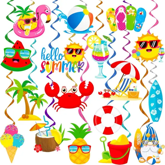 Summer Beach Pool Party Hanging Swirls Hello Summer Party Decoration 20pcs Beach Pool Themed Swirl Ceiling Summer Party Hanging Streamer for Hawaii Beach Pool Party Baby Shower Supplies {1}